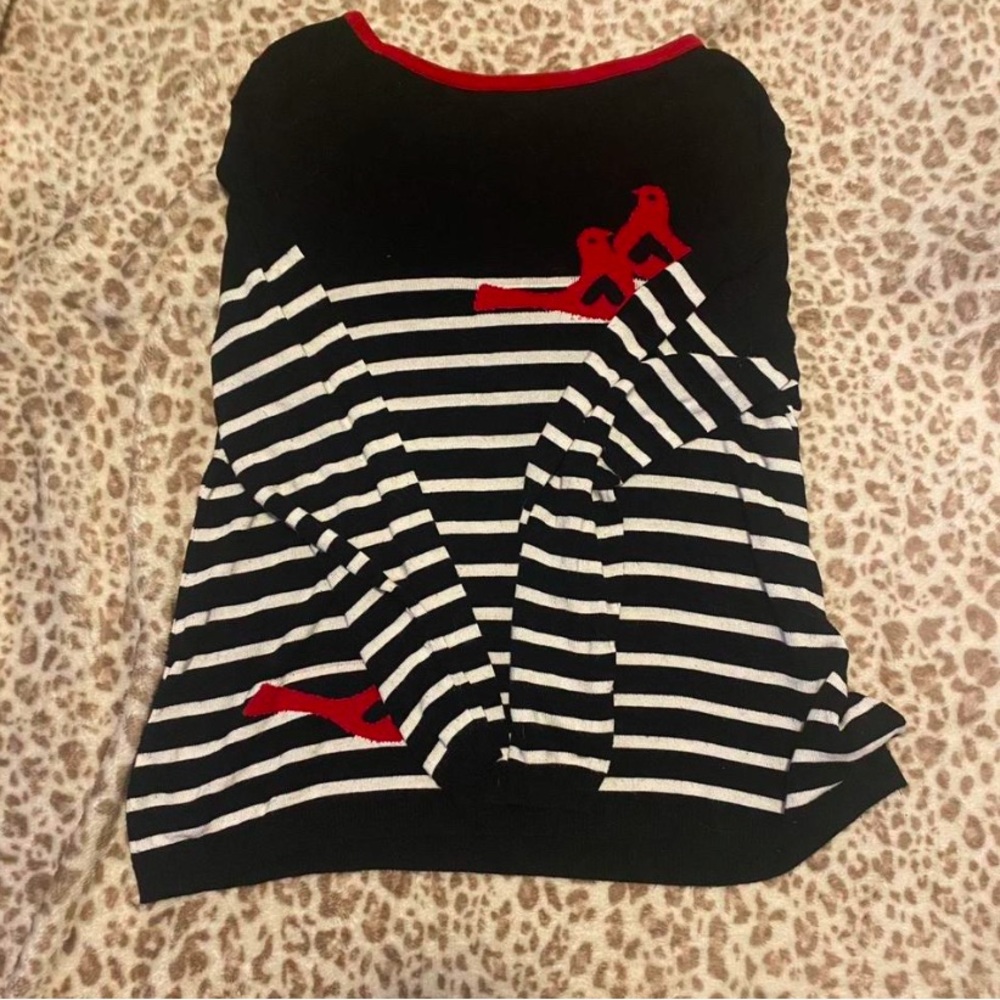 Basic Editions Black and White Striped Sweatshirt with Red Accents
